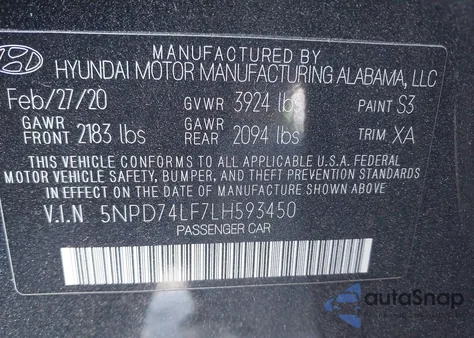 2020 Hyundai Elantra Se z USA, uszkodzony, nr VIN 5NPD74LF7LH593450